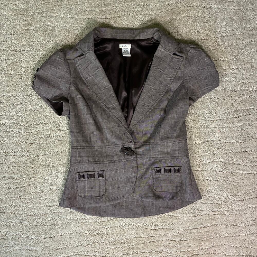 Y2K StudioY Women M Preppy Brown Cap Sleeve Babydoll Cropped Blazer Office Siren
